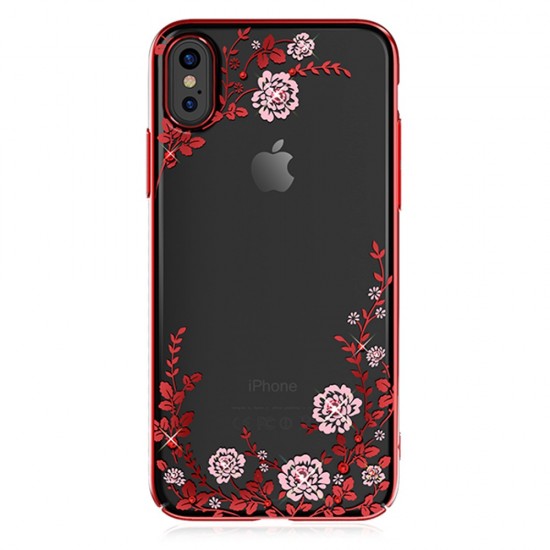 Kingxbar Swarovski Flora series priekš Apple iPhone X / XS - Sarkans - plastikāta aizmugures apvalks ar kristāliem (bampers, vāciņš, slim TPU case cover, bumper)
