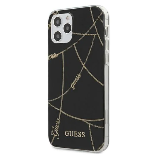 Guess Gold Chain Collection Back Case GUHCP12MPCUCHBK priekš Apple iPhone 12 / 12 Pro - Melns - silikona-plastikāta aizmugures apvalks / bampers-vāciņš Guess Gold Chain Collection Back Case GUHCP12MPCUCHBK priekš Apple iPhone 12 / 12 Pro - Melns - silikona-plastikāta aizmugures apvalks / bampers-vāciņš