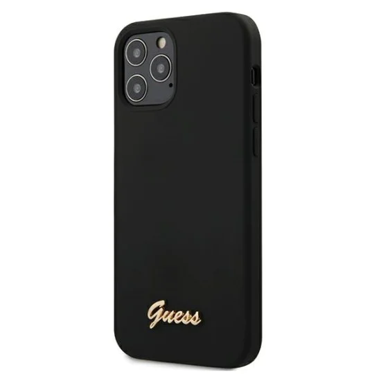 Guess Silicone Script Gold Logo series Back Case GUHCP12MLSLMGBK priekš Apple iPhone 12 / 12 Pro - Melns - silikona aizmugures apvalks / bampers-vāciņš Guess Silicone Script Gold Logo series Back Case GUHCP12MLSLMGBK priekš Apple iPhone 12 / 12 Pro - Melns - silikona aizmugures apvalks / bampers-vāciņš