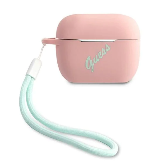 Guess GUACAPLSVSPG Silicone Vintage Case priekš Apple Airpods Pro - Rozā / Zaļš - silikona apvalks bezvadu austiņu lādēšanas ierīcei Guess GUACAPLSVSPG Silicone Vintage Case priekš Apple Airpods Pro - Rozā / Zaļš - silikona apvalks bezvadu austiņu lādēšanas ierīcei