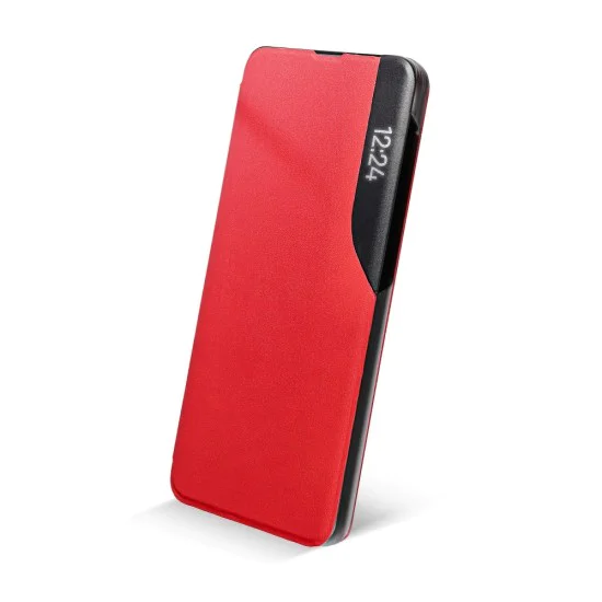 Smart View Window Wake / Sleep Book Case priekš Samsung Galaxy A12 A125 - Sarkans - sāniski atverams maciņš ar lodziņu / grāmatveida maks Smart View Window Wake / Sleep Book Case priekš Samsung Galaxy A12 A125 - Sarkans - sāniski atverams maciņš ar lodziņu / grāmatveida maks