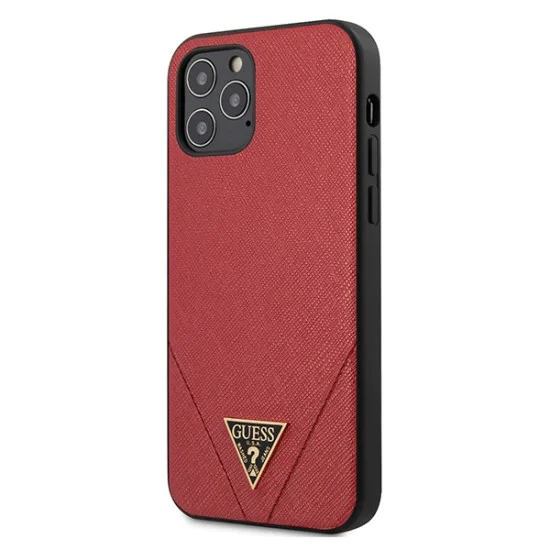Guess Saffiano Collection Back Case GUHCP12MVSATMLRE priekš Apple iPhone 12 / 12 Pro - Sarkans - mākslīgās ādas aizmugures apvalks / bampers-vāciņš Guess Saffiano Collection Back Case GUHCP12MVSATMLRE priekš Apple iPhone 12 / 12 Pro - Sarkans - mākslīgās ādas aizmugures apvalks / bampers-vāciņš
