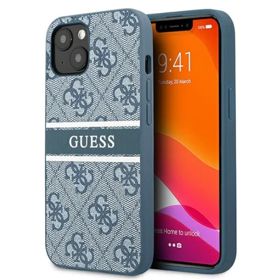Guess 4G Stripe Collection Back Case GUHCP13S4GDBL priekš Apple iPhone 13 mini - Zils - mākslīgās ādas aizmugures apvalks / bampers-vāciņš Guess 4G Stripe Collection Back Case GUHCP13S4GDBL priekš Apple iPhone 13 mini - Zils - mākslīgās ādas aizmugures apvalks / bampers-vāciņš