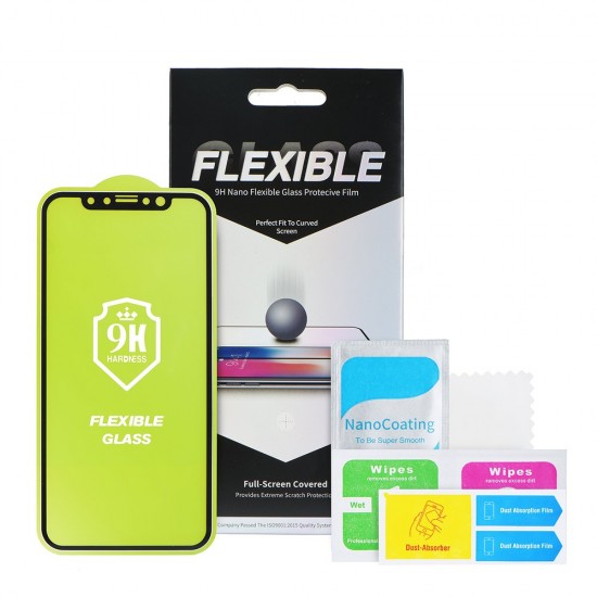 5D Full Glue Flexible Nano Tempered Glass 9H screen protector guard priekš Apple iPhone 13 / 13 Pro / 14 - Melns - Ekrāna Aizsargstikls / Bruņota Stikla Aizsargplēve