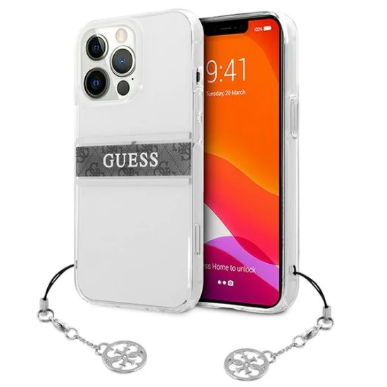 Guess 4G Grey Strap Charm Collection Back Case GUHCP13XKB4GGR priekš Apple iPhone 13 Pro Max - Caurspīdīgs - silkona-plastikāta aizmugures apvalks / bampers-vāciņš Guess 4G Grey Strap Charm Collection Back Case GUHCP13XKB4GGR priekš Apple iPhone 13 Pro Max - Caurspīdīgs - silkona-plastikāta aizmugures apvalks / bampers-vāciņš