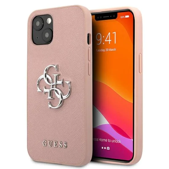 Guess 4G Saffiano Metal Logo Collection Back Case GUHCP13MSA4GSPI priekš Apple iPhone 13 - Rozā - mākslīgās ādas aizmugures apvalks / bampers-vāciņš Guess 4G Saffiano Metal Logo Collection Back Case GUHCP13MSA4GSPI priekš Apple iPhone 13 - Rozā - mākslīgās ādas aizmugures apvalks / bampers-vāciņš