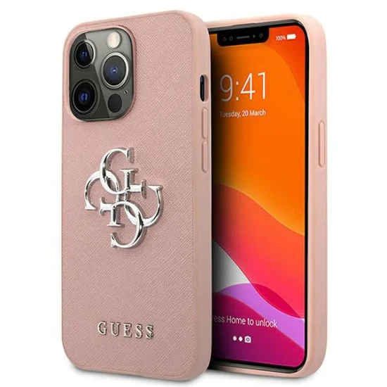 Guess 4G Saffiano Metal Logo Collection Back Case GUHCP13LSA4GSPI priekš Apple iPhone 13 Pro - Rozā - mākslīgās ādas aizmugures apvalks / bampers-vāciņš Guess 4G Saffiano Metal Logo Collection Back Case GUHCP13LSA4GSPI priekš Apple iPhone 13 Pro - Rozā - mākslīgās ādas aizmugures apvalks / bampers-vāciņš