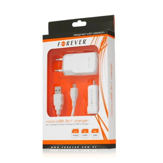 Forever 3in1 1.1A комплект - Сетевое USB / Auto USB / Micro USB - USB авто/Сетевое зарядное устройство / Зарядка от сети 220V / Сетевой адаптер 220В комплект с кабелем / проводом Forever 3in1 1.1A комплект - Сетевое USB / Auto USB / Micro USB - USB авто/Сетевое зарядное устройство / Зарядка от сети 220V / Сетевой адаптер 220В комплект с кабелем / проводом