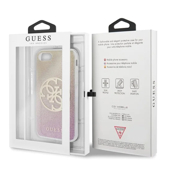 Guess 4G Circle Glitter series GUHCI8PCUGLPGG priekš Apple iPhone 7 / 8 / SE2 (2020) / SE3 (2022) - Zelts / Rozā - silikona-plastikāta aizmugures apvalks / bampers-vāciņš Guess 4G Circle Glitter series GUHCI8PCUGLPGG priekš Apple iPhone 7 / 8 / SE2 (2020) / SE3 (2022) - Zelts / Rozā - silikona-plastikāta aizmugures apvalks / bampers-vāciņš