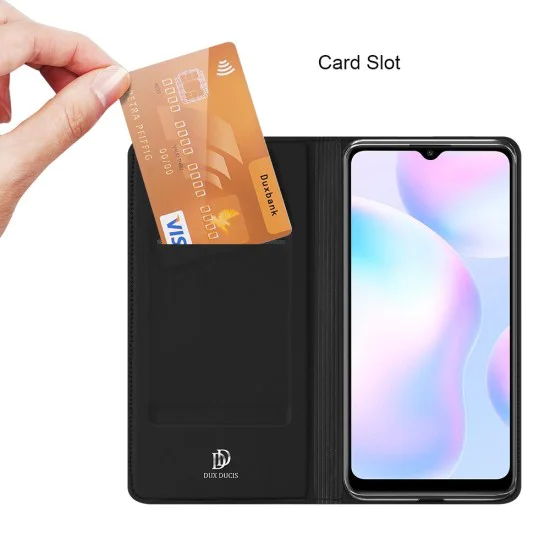 Dux Ducis Skin Pro series priekš Xiaomi Redmi 9A - Melns - sāniski atverams maciņš ar magnētu un stendu Dux Ducis Skin Pro series priekš Xiaomi Redmi 9A - Melns - sāniski atverams maciņš ar magnētu un stendu