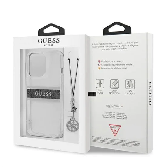 Guess 4G Grey Strap Charm Collection Back Case GUHCP13XKB4GGR priekš Apple iPhone 13 Pro Max - Caurspīdīgs - silkona-plastikāta aizmugures apvalks / bampers-vāciņš Guess 4G Grey Strap Charm Collection Back Case GUHCP13XKB4GGR priekš Apple iPhone 13 Pro Max - Caurspīdīgs - silkona-plastikāta aizmugures apvalks / bampers-vāciņš