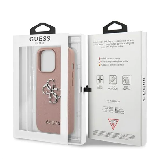 Guess 4G Saffiano Metal Logo Collection Back Case GUHCP13LSA4GSPI priekš Apple iPhone 13 Pro - Rozā - mākslīgās ādas aizmugures apvalks / bampers-vāciņš Guess 4G Saffiano Metal Logo Collection Back Case GUHCP13LSA4GSPI priekš Apple iPhone 13 Pro - Rozā - mākslīgās ādas aizmugures apvalks / bampers-vāciņš