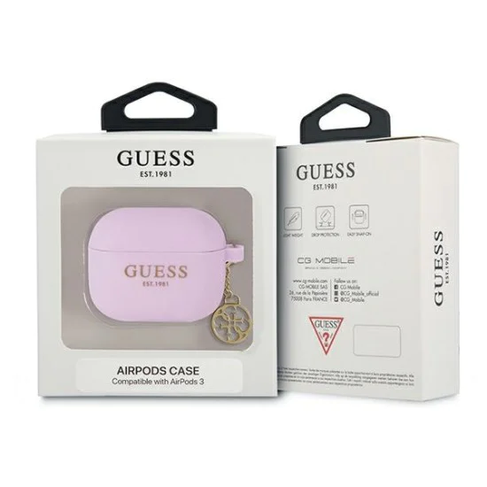 Guess GUA3LSC4EU Silicone Charm 4G Collection Case priekš Apple Airpods 3 - Violets - silikona apvalks bezvadu austiņu lādēšanas ierīcei Guess GUA3LSC4EU Silicone Charm 4G Collection Case priekš Apple Airpods 3 - Violets - silikona apvalks bezvadu austiņu lādēšanas ierīcei