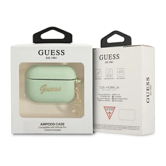 Guess GUAPLSCHSN Silicone Charm Heart Collection Case priekš Apple Airpods Pro - Zaļš - silikona apvalks bezvadu austiņu lādēšanas ierīcei Guess GUAPLSCHSN Silicone Charm Heart Collection Case priekš Apple Airpods Pro - Zaļš - silikona apvalks bezvadu austiņu lādēšanas ierīcei