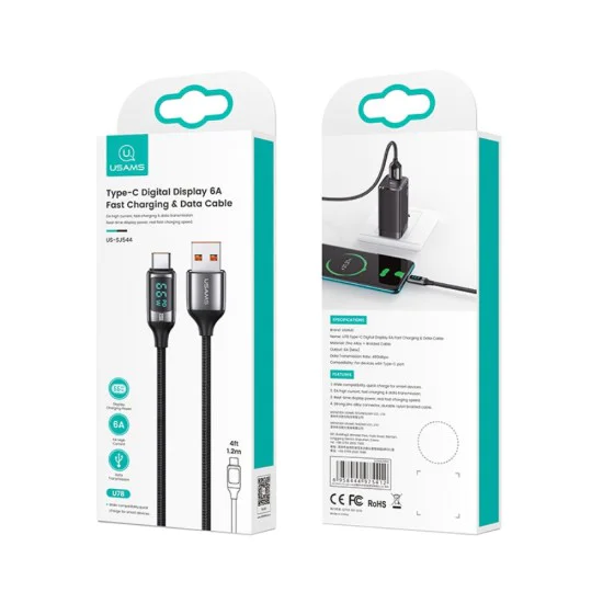 Usams 1.2M U55 Braided 6A USB to Type-C cable Led Display - Чёрный - USB-C дата кабель / провод для зарядки Usams 1.2M U55 Braided 6A USB to Type-C cable Led Display - Чёрный - USB-C дата кабель / провод для зарядки