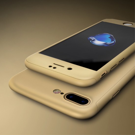 IPAKY Full Protection Hard Cover with Glass (Logo Cutout) priekš Apple iPhone 7 Plus - Zelts - plastikas aizmugures apvalks ar aizsardzības stiklu (bampers, vāciņš, PU back cover, bumper shell)