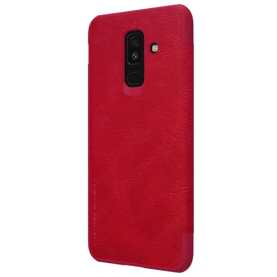 NILLKIN Qin Series Card Holder Leather Case priekš Samsung Galaxy A6 Plus (2018) A605 - Sarkans - sāniski atverams maciņš (ādas maks, grāmatiņa, leather book wallet case cover)