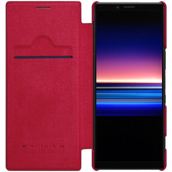 NILLKIN Qin Series Card Holder Leather Case priekš Sony Xperia 1 J9110 - Sarkans - sāniski atverams maciņš (ādas maks, grāmatiņa, leather book wallet case cover)