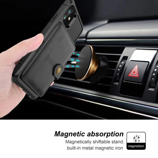 Leather Coated TPU Back Case with Card Holder Built-in Magnetic Sheet для Apple iPhone 12 / 12 Pro - Чёрный - силиконовая накладка с кармашком-подставкой и встроеным магнитом / бампер-крышка Leather Coated TPU Back Case with Card Holder Built-in Magnetic Sheet для Apple iPhone 12 / 12 Pro - Чёрный - силиконовая накладка с кармашком-подставкой и встроеным магнитом / бампер-крышка