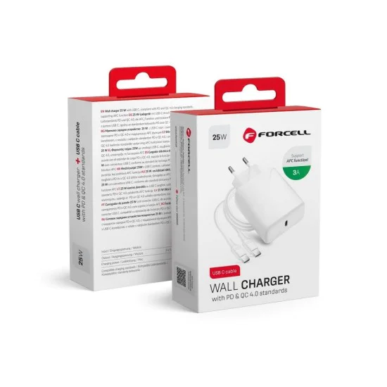 Forcell Travel charger 3A QC 4.0 / PD 25W with Type-C to Type-C Cable 1M - Белый - Быстрое сетевое зарядное устройство с кабелем Type-C на Type-C Forcell Travel charger 3A QC 4.0 / PD 25W with Type-C to Type-C Cable 1M - Белый - Быстрое сетевое зарядное устройство с кабелем Type-C на Type-C