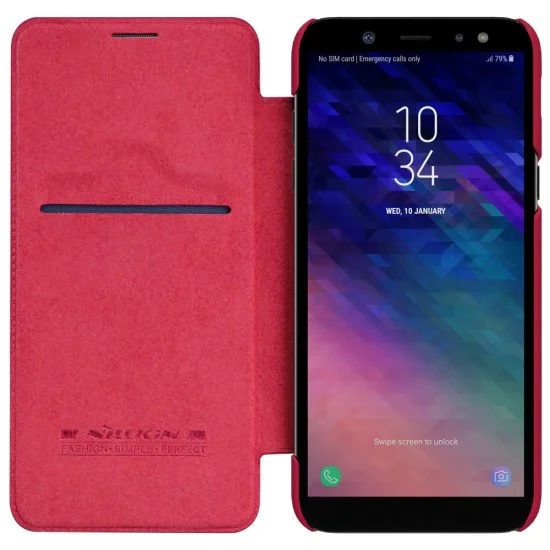 NILLKIN Qin Series Card Holder Leather Case priekš Samsung Galaxy A6 Plus (2018) A605 - Sarkans - sāniski atverams maciņš (ādas maks, grāmatiņa, leather book wallet case cover)