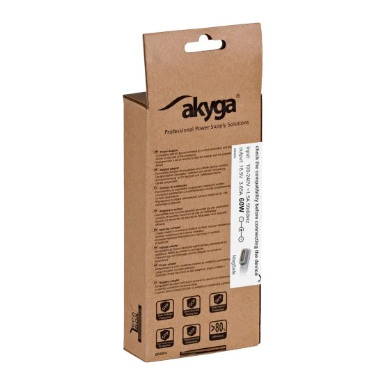 Akyga AK-ND-15 16.5V / 3.65A 60W (MC461) Magsafe Power Supply Adapter priekš Apple MacBook - barošanas bloks / tīkla lādētājs portatīvajiem datoriem Akyga AK-ND-15 16.5V / 3.65A 60W (MC461) Magsafe Power Supply Adapter priekš Apple MacBook - barošanas bloks / tīkla lādētājs portatīvajiem datoriem