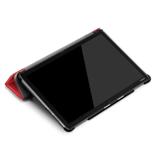 Tri-fold Stand PU Smart Auto Wake/Sleep Leather Case priekš Huawei MediaPad M5 Lite 10.1 - Sarkans - sāniski atverams maciņš ar stendu Tri-fold Stand PU Smart Auto Wake/Sleep Leather Case priekš Huawei MediaPad M5 Lite 10.1 - Sarkans - sāniski atverams maciņš ar stendu