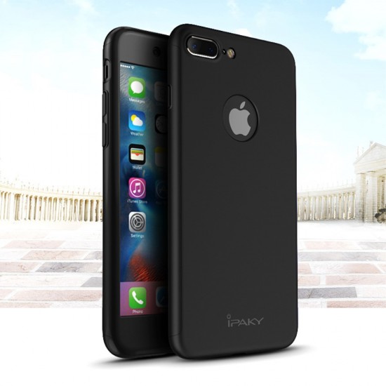 IPAKY Full Protection Hard Cover with Glass (Logo Cutout) priekš Apple iPhone 7 Plus - Melns - plastikas aizmugures apvalks ar aizsardzības stiklu (bampers, vāciņš, PU back cover, bumper shell)